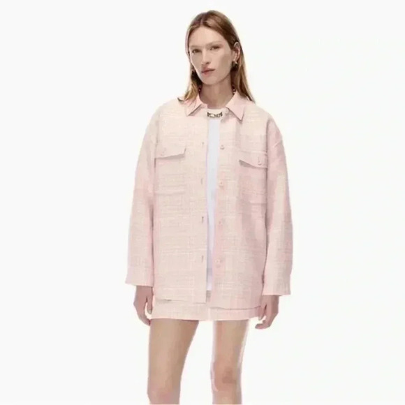 Aritzia Babaton Joan Shacket Shirt Jacket Oversized Linen Tweed Pink Plaid 2 - Picture 1 of 16